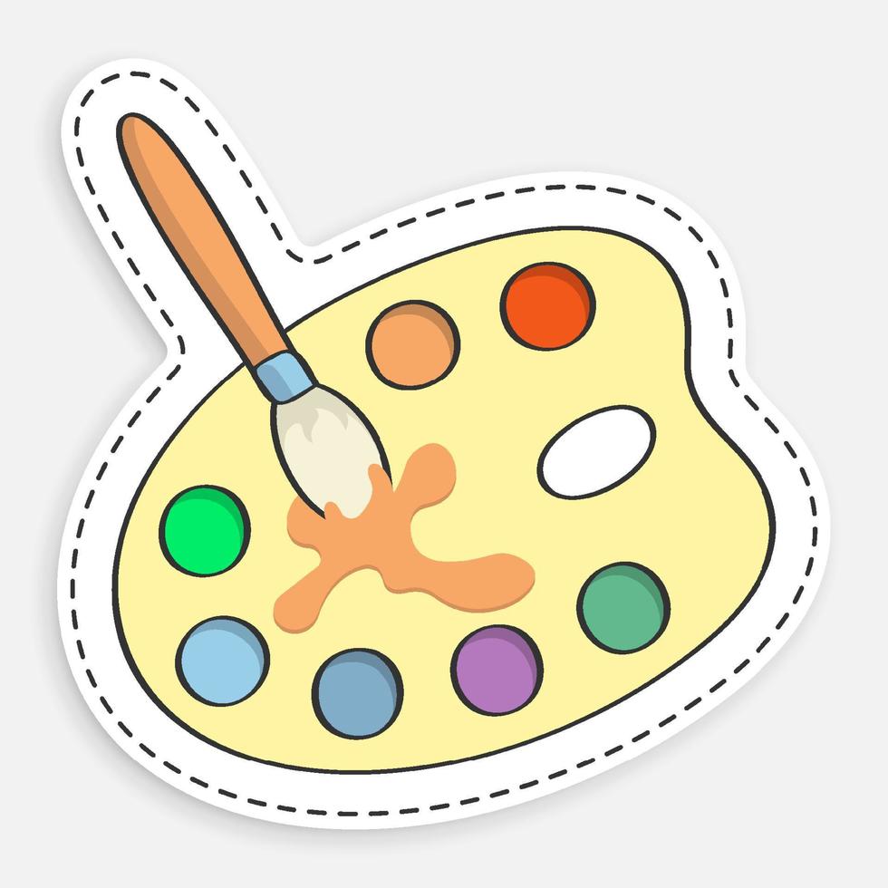 icono de dibujos animados de la paleta de doodle con acuarelas multicolores y pincel. papelería para la escuela. vector aislado sobre fondo blanco