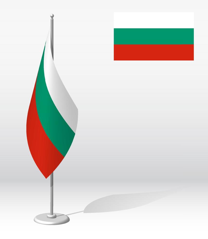 bandera de bulgaria en el asta de la bandera para el registro del evento solemne, reunión con invitados extranjeros. día de la independencia nacional de bulgaria. vector 3d realista en blanco