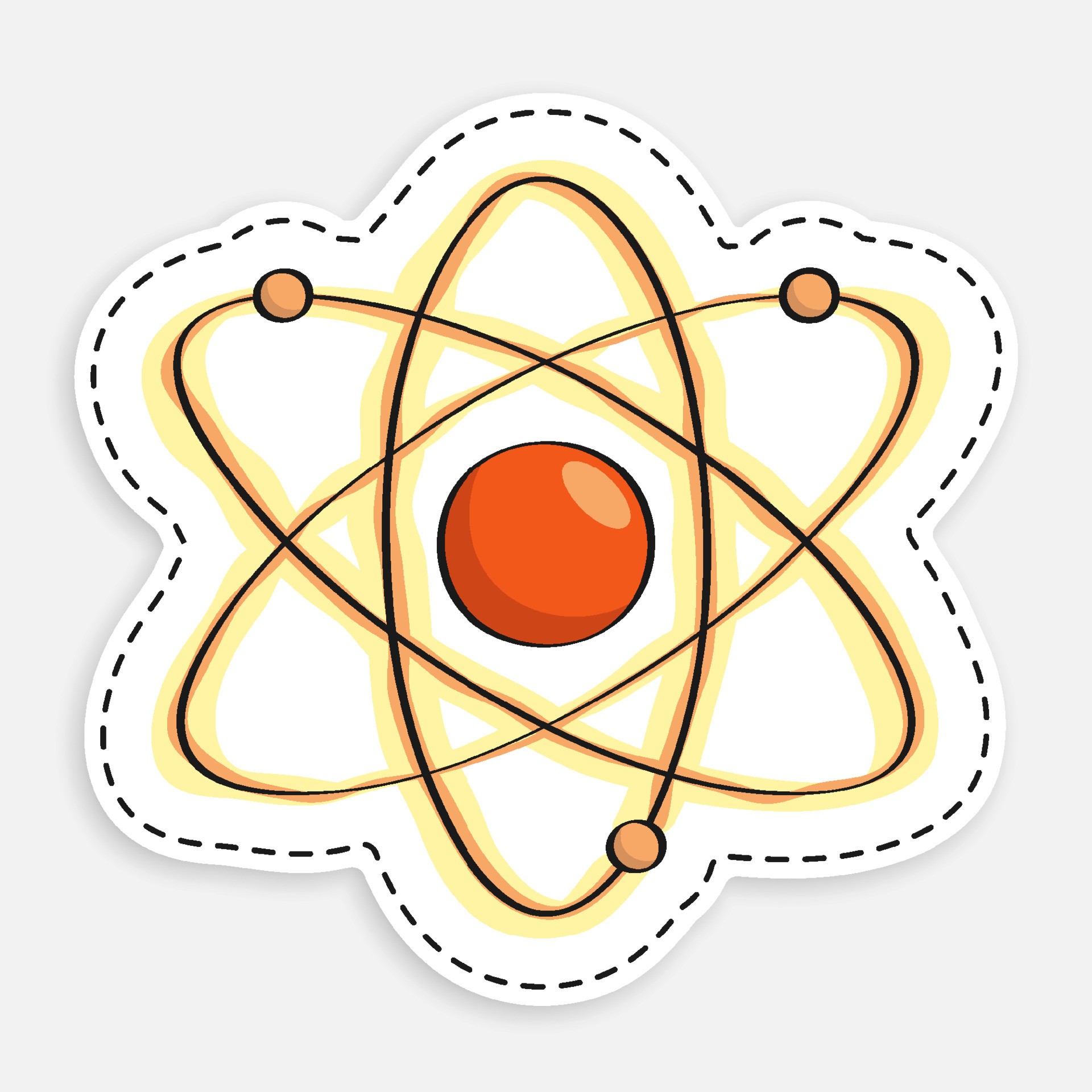 icono de dibujos animados del átomo de doodle. los electrones giran alrededor del protón en icono de dibujos animados del átomo de doodle. los electrones giran alrededor del protón en