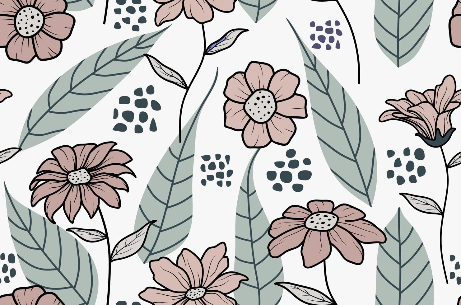 Seamless pattern with abstract flowers and leave. Creative floral surface design. Vector background