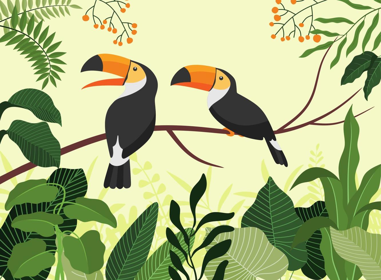 pájaros tucán en ramas tropicales con hojas. vector