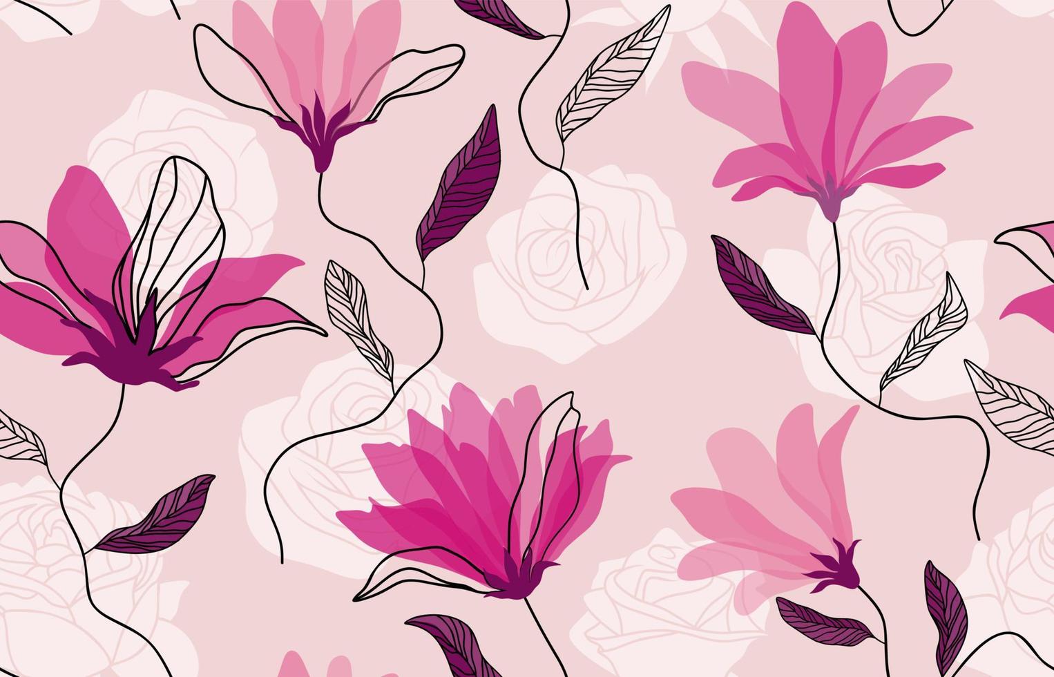 Seamless pattern with abstract flowers and leave. Creative floral surface design. Vector background