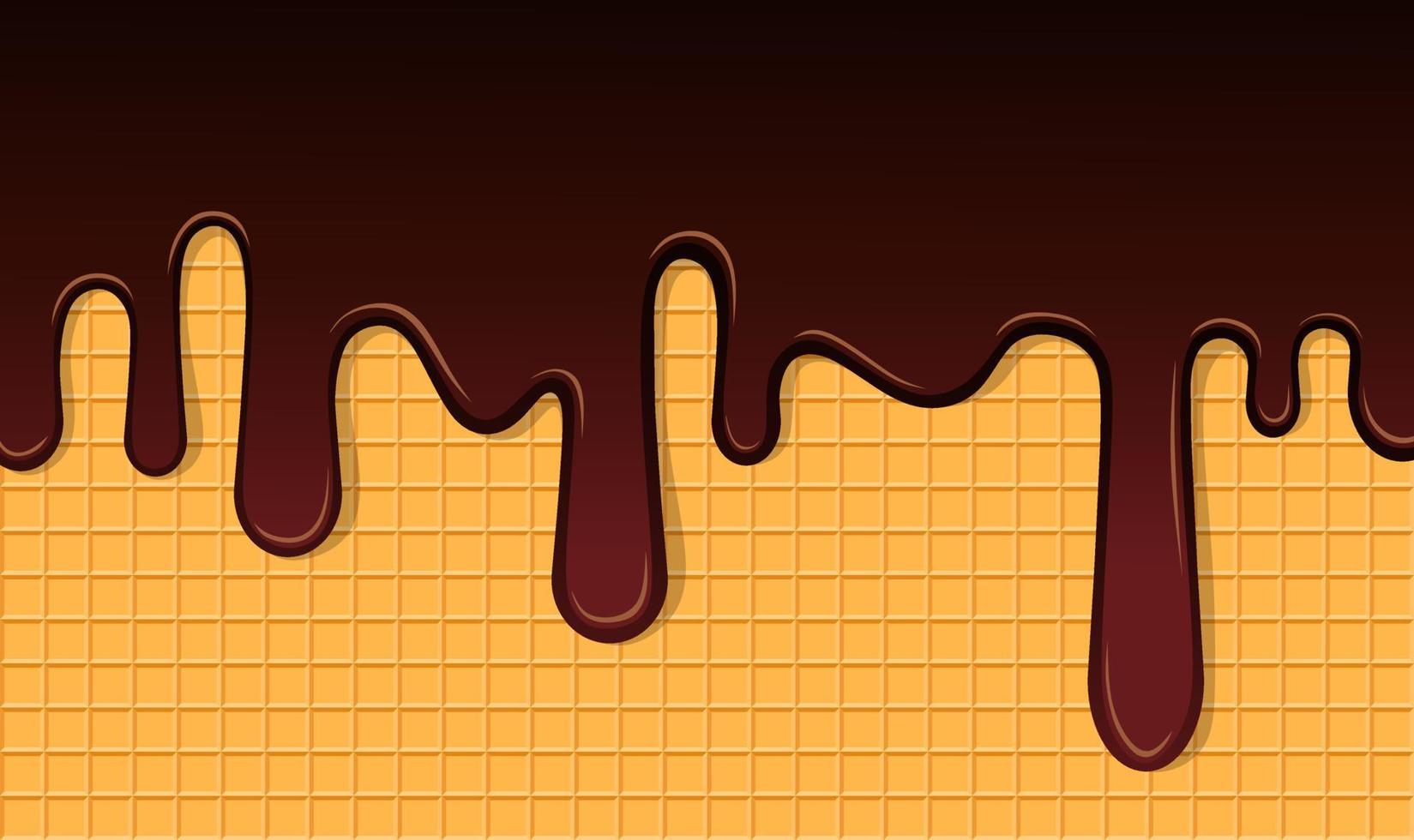 Dark Chocolate Melted on Wafer Background. Vector Illustration. Tasty liquid cream on waffle layout.