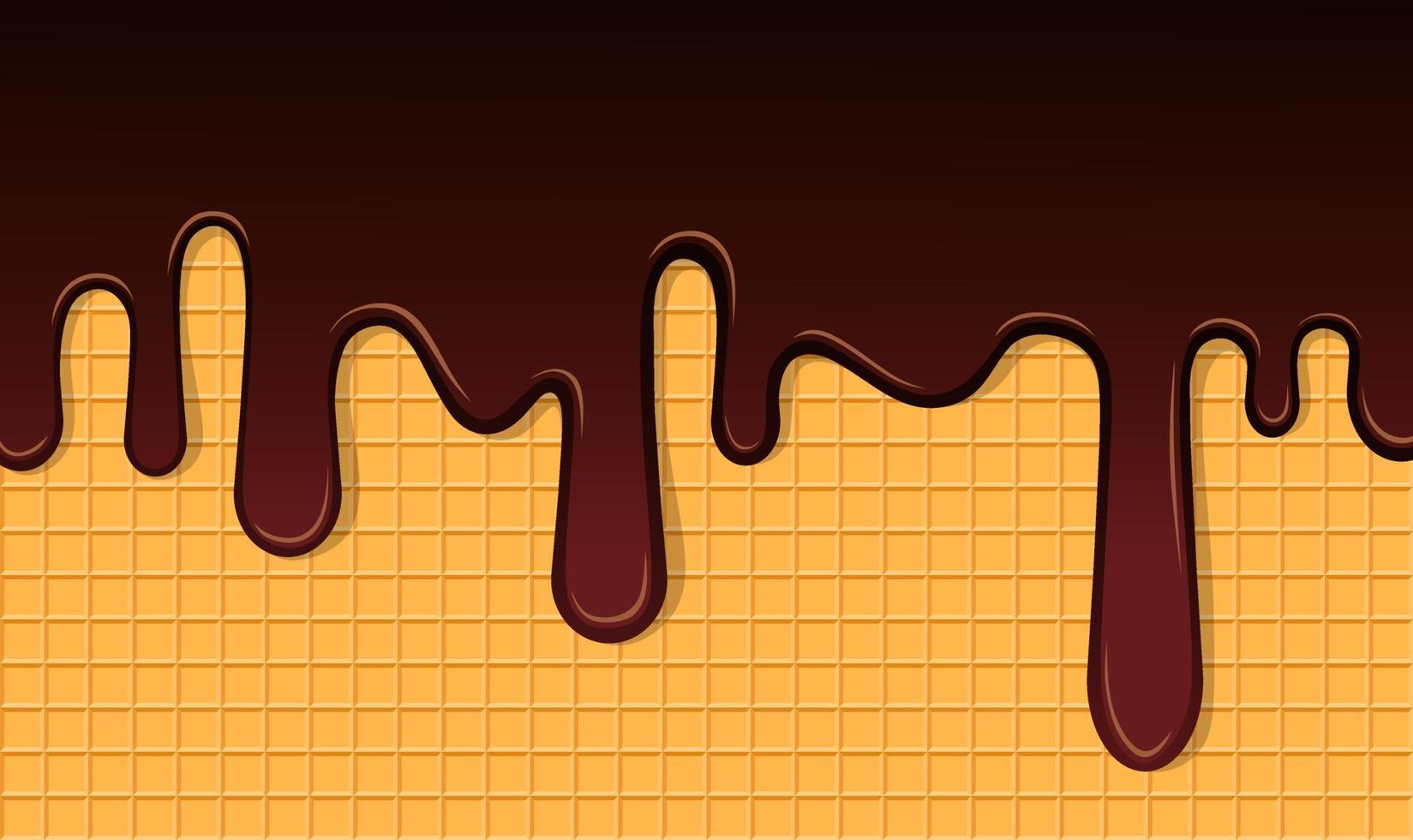 chocolate negro derretido sobre fondo de obleas. ilustración vectorial. sabrosa crema líquida en diseño de gofres. vector