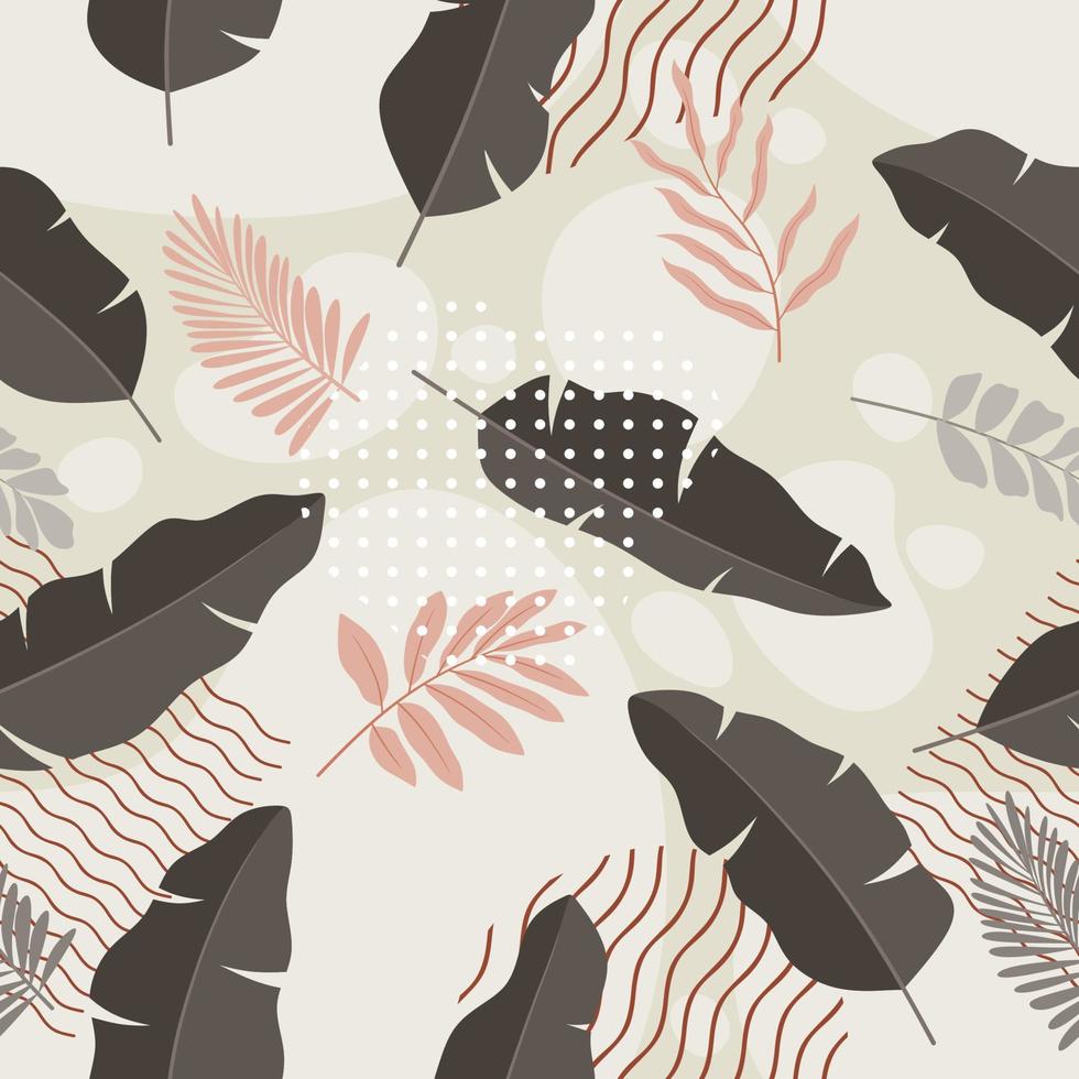 Tropical leaves hand drawn seamless pattern. Botanical trendy design in pink and green colors. Vector repeating design for fabric, wallpaper or wrap papers.