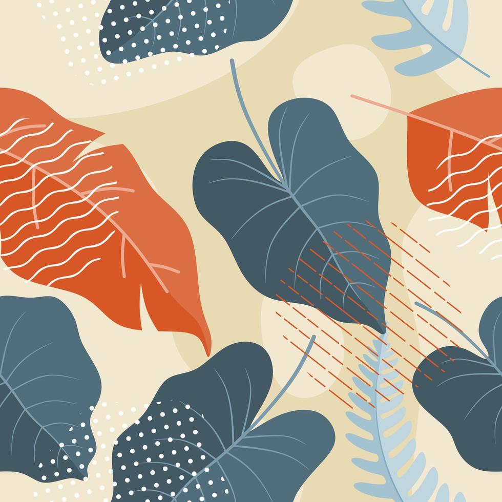 Tropical leaves hand drawn seamless pattern. Botanical trendy design in pink and green colors. Vector repeating design for fabric, wallpaper or wrap papers.