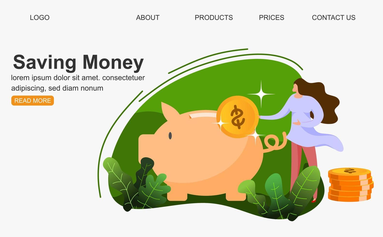 Money Pig Saving for Profit Landing Page. vector