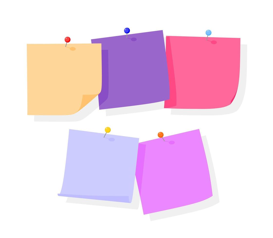 Collection of different colored sheets of note papers with curled corner and push pin. vector