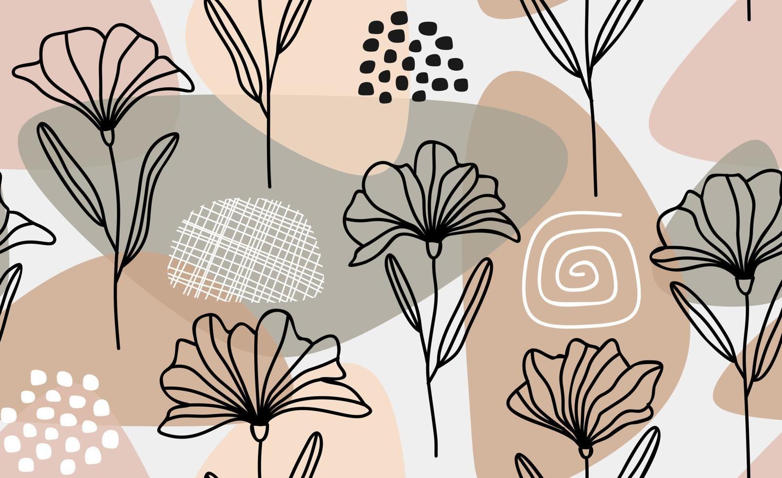 Seamless pattern with abstract flowers and leave. Creative floral surface design. Vector background