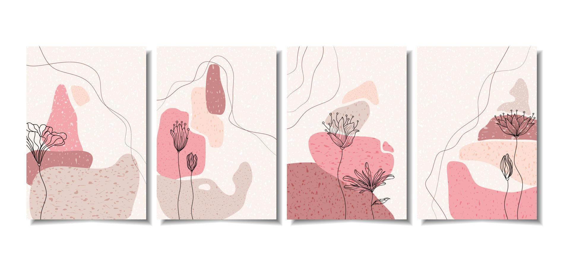 conjunto de vectores de arte de pared botánica. dibujo de arte de línea de follaje con forma abstracta. diseño de arte abstracto de plantas para impresión, portada, papel tapiz, arte de pared minimalista y natural. ilustración vectorial.