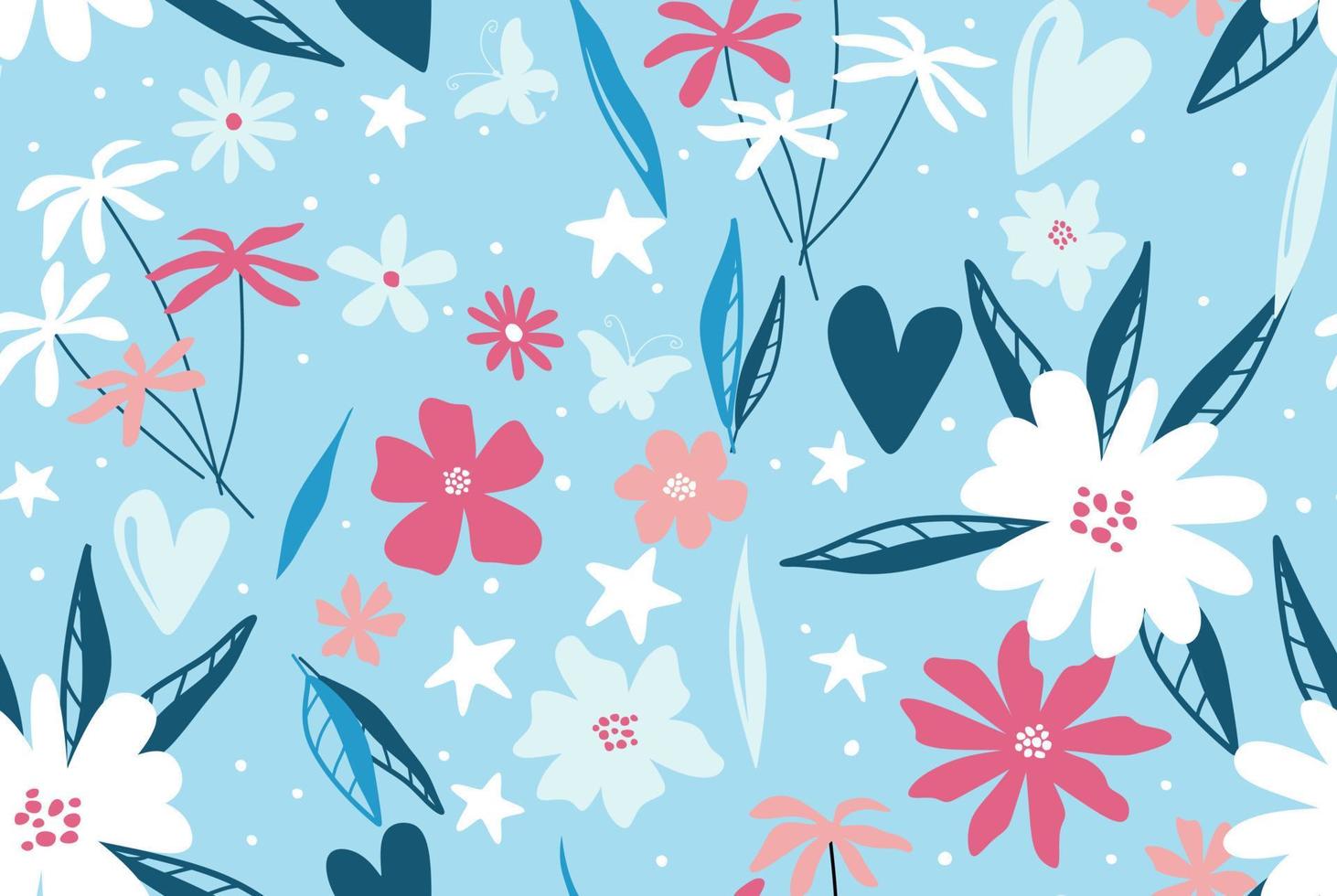 Seamless pattern with abstract flowers and leave. Creative floral surface design. Vector background