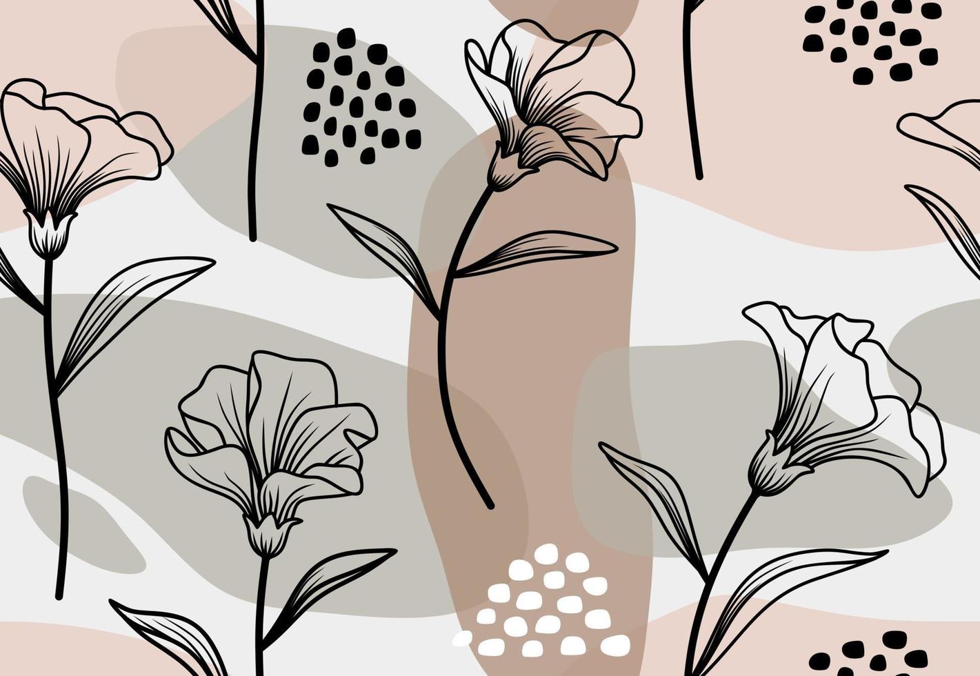 Seamless pattern with abstract flowers and leave. Creative floral surface design. Vector background