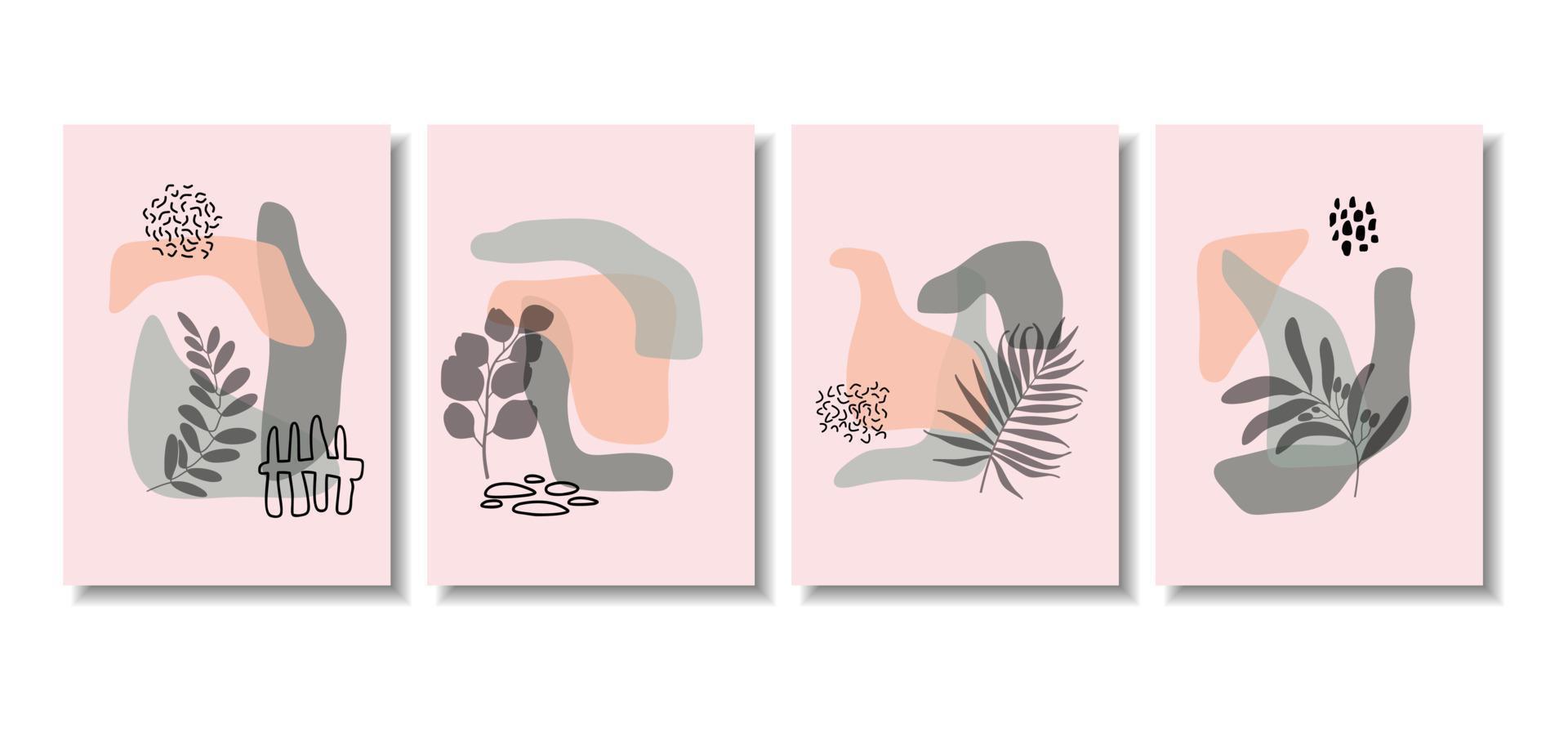 conjunto de vectores de arte de pared botánica. dibujo de arte de línea de follaje con forma abstracta. diseño de arte abstracto de plantas para impresión, portada, papel tapiz, arte de pared minimalista y natural. ilustración vectorial.