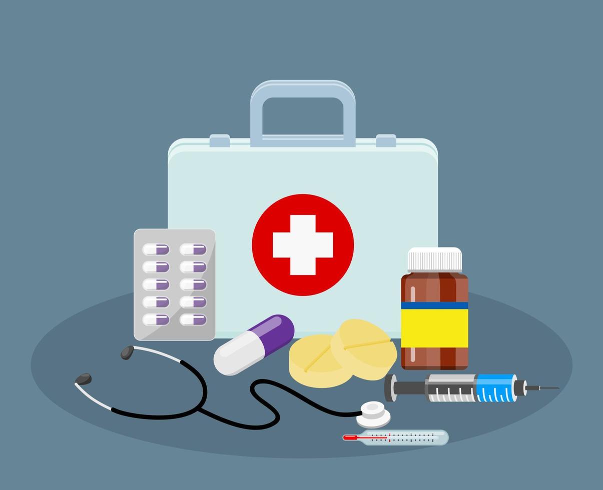 Caja de botiquín de primeros auxilios con equipo médico y medicamentos para emergencias. vector
