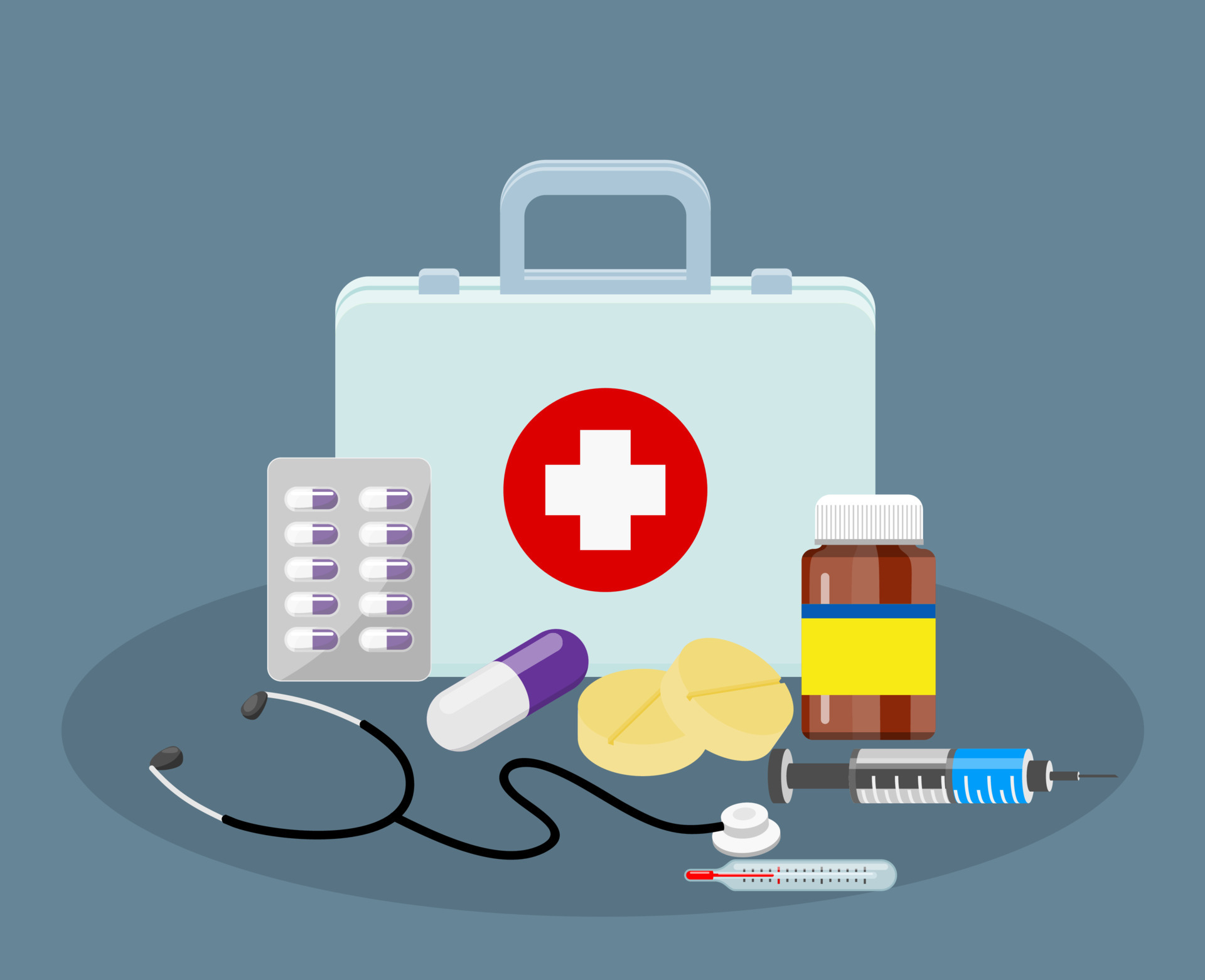 First aid kit box with medical equipment and medications for emergency