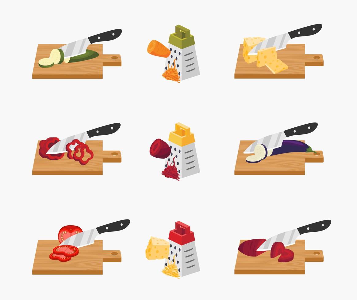 conjunto de imágenes con verduras y queso picado a cuchillo y rallado. vector