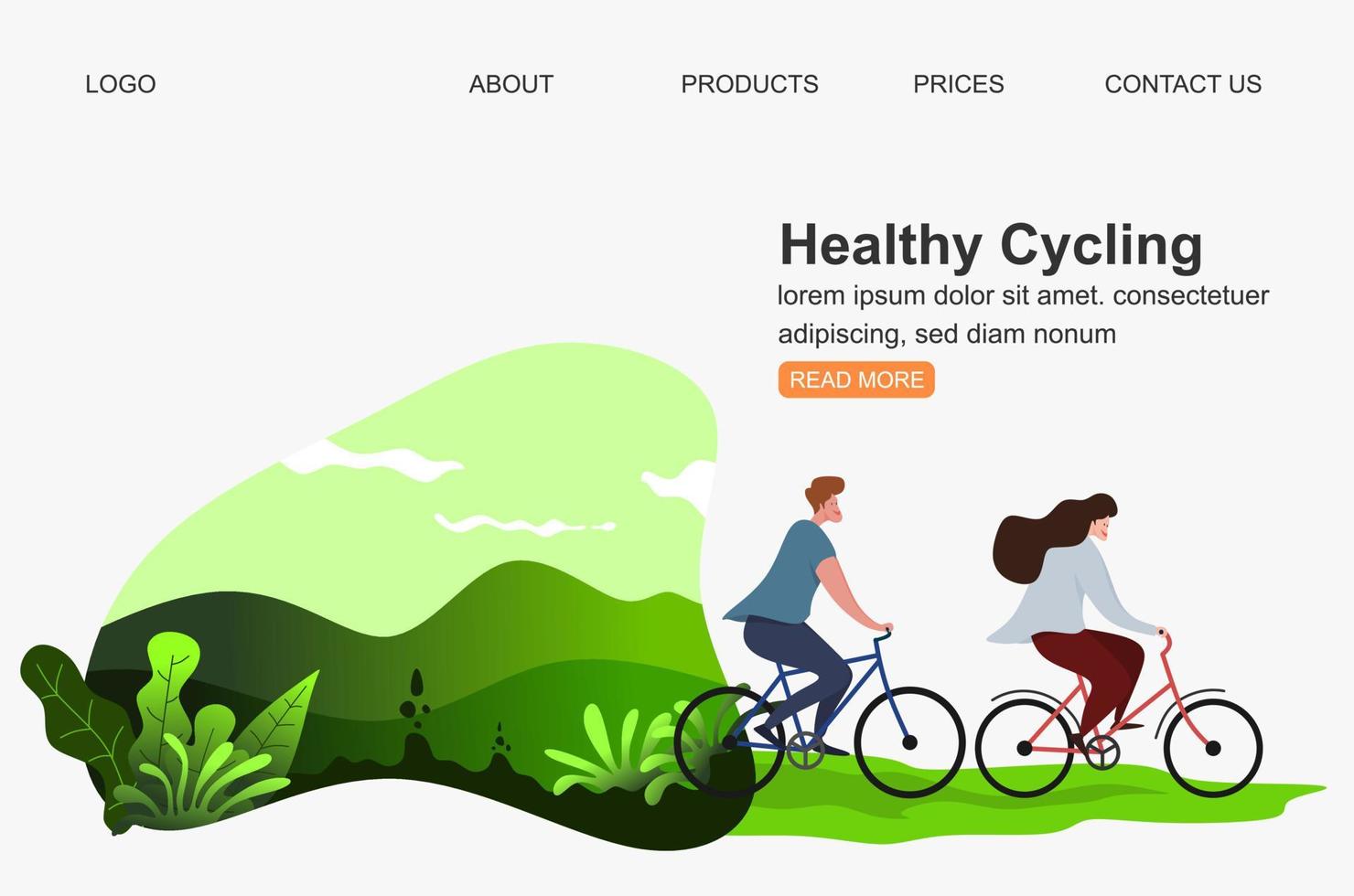 Landing page template with family riding bicycles, woman waving his hand, mother riding bicycles with child. People cycling outdoor activities concept at park, healty life style. Cartoon illustration vector