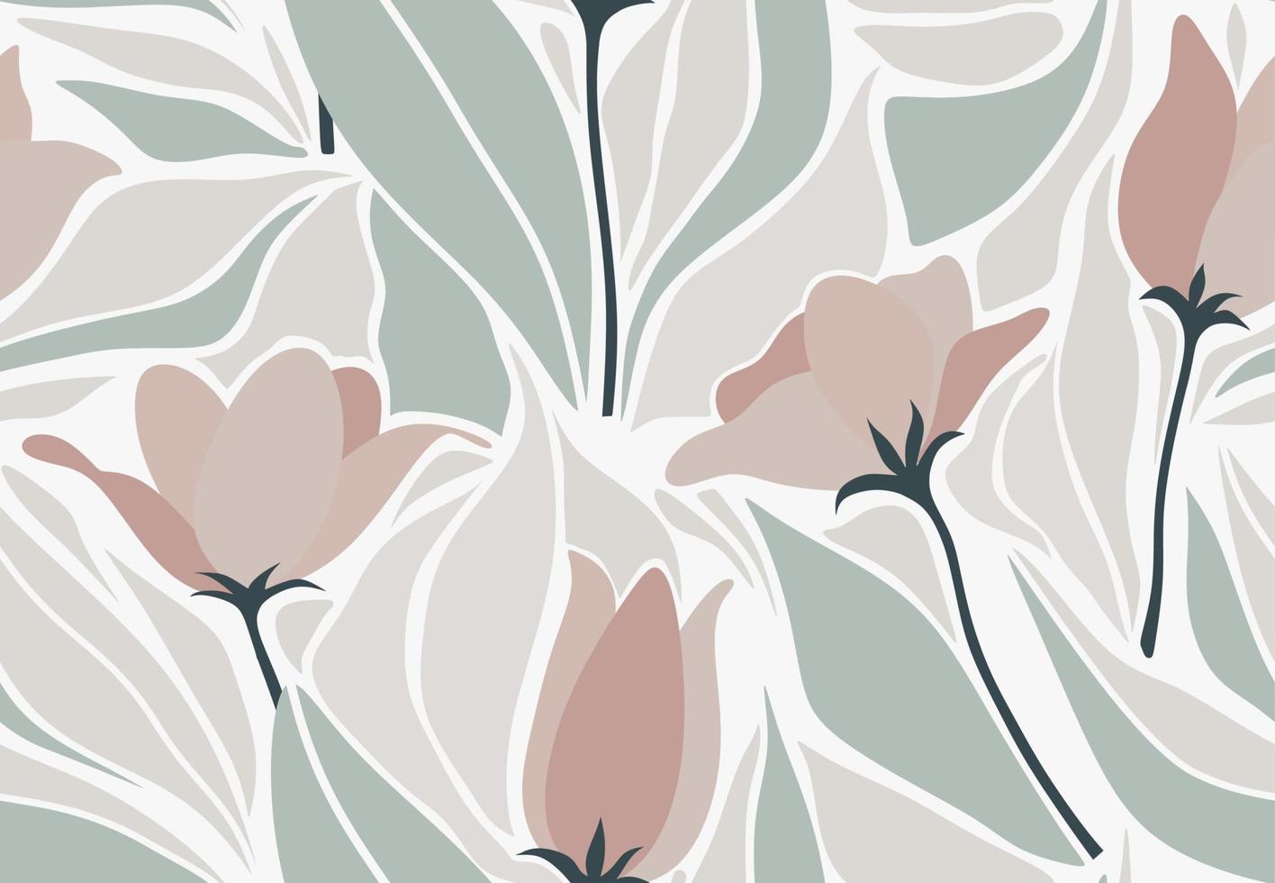 Seamless pattern with abstract flowers and leave. Creative floral surface design. Vector background