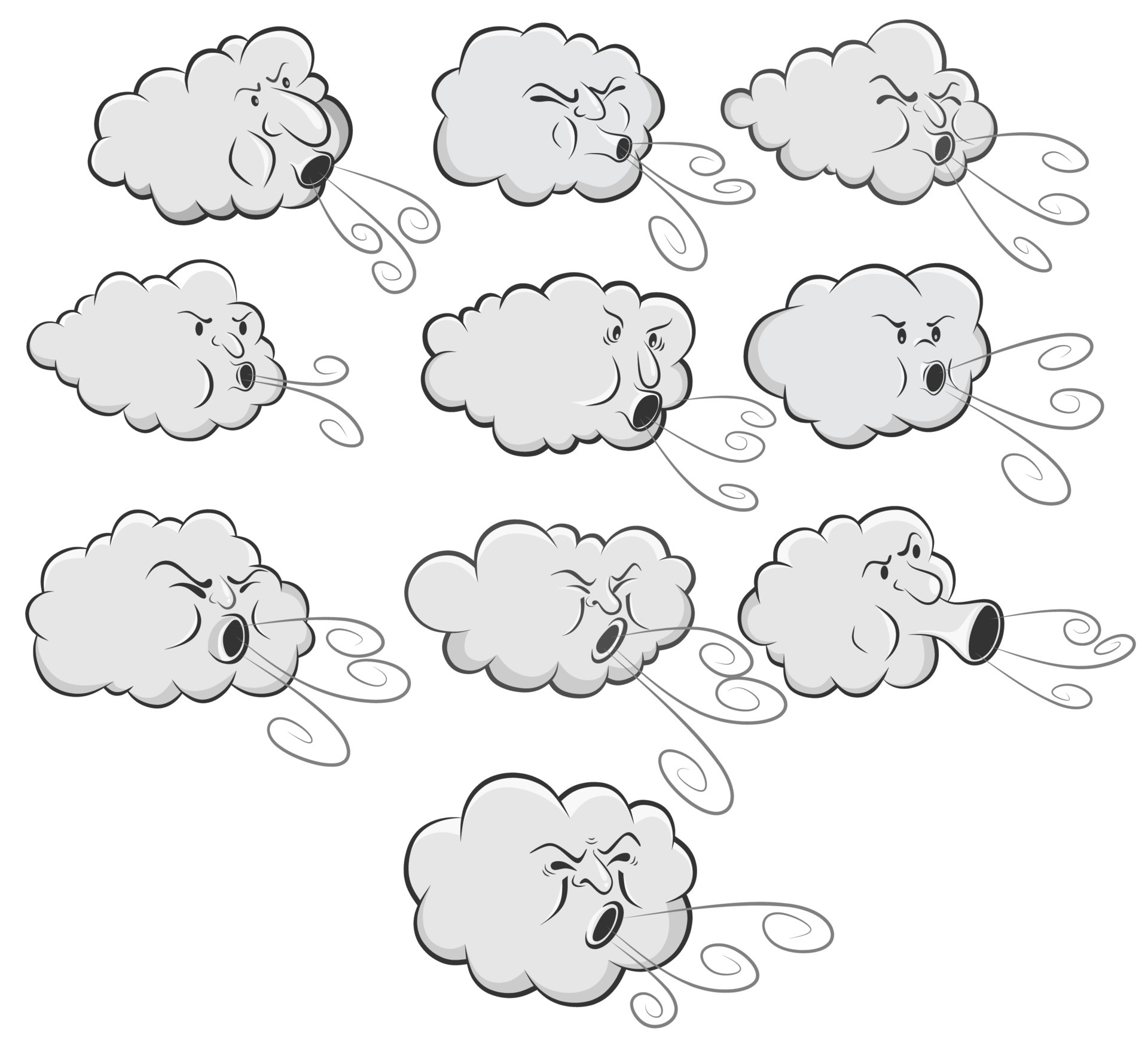 An image of a Cute Cloud Blowing Wind set. 4865686 Vector Art at Vecteezy