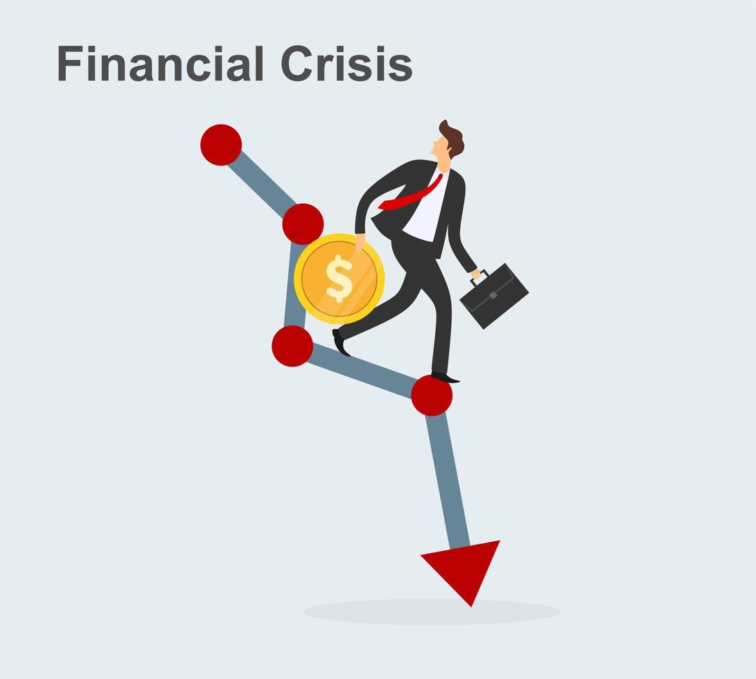 Financial crisis concept. Coin falls on schedule down. Economy problem collapse crash. Businessman on falling diagram. Loss income. Capital lost. Cost reduction. Declining chart. Down profit. vector