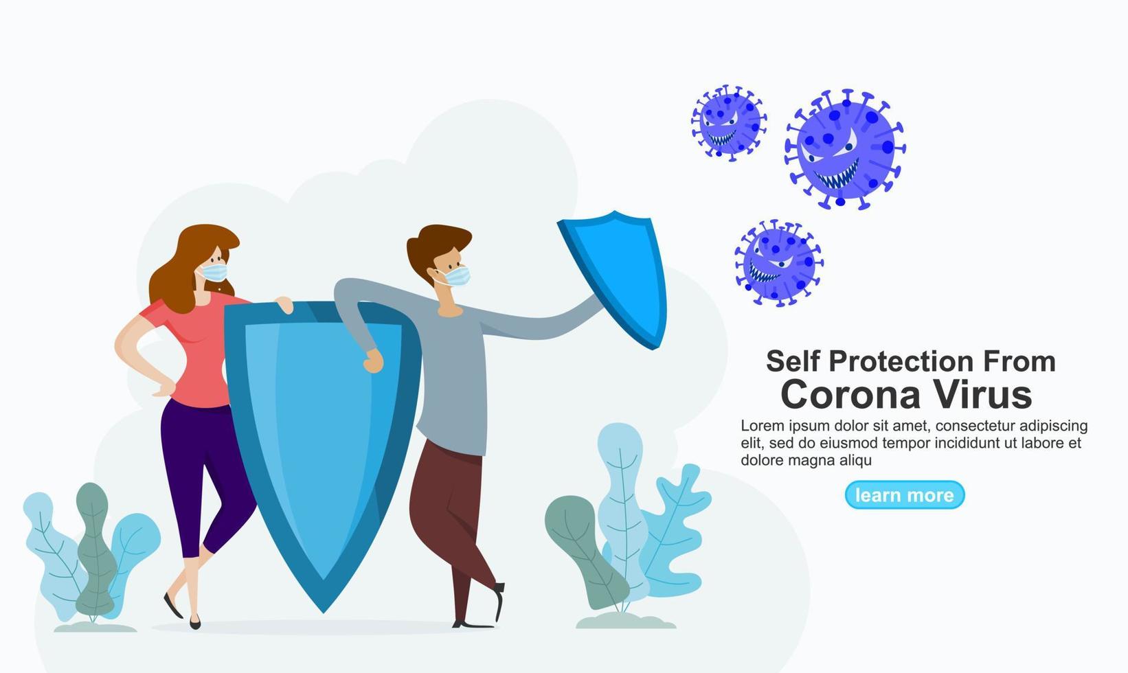 self protection from corona virus landing page for banners or web. vector illustration