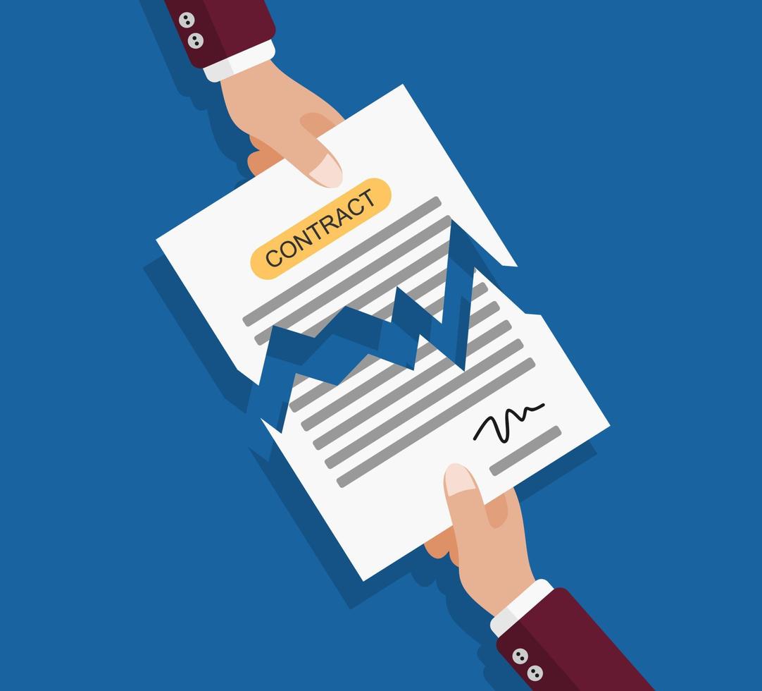 Businessman hands tearing apart contract document, vector illustration