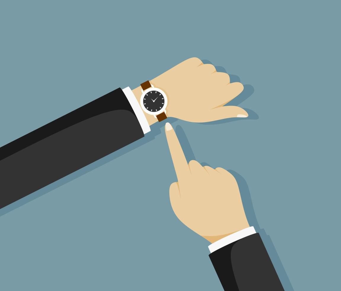 Person Looking at time. Human in a suit watching time. Time control. Vector illustration flat design. Isolated on white background. Luxury elegant businessman with a fashionable watch.