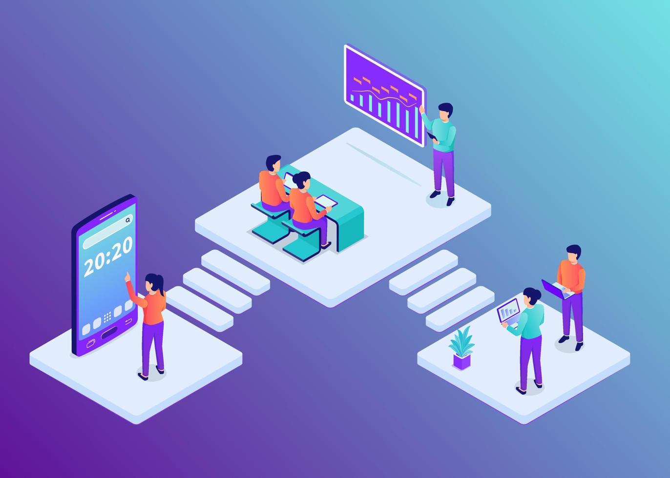 business process workflow with team do research and analysis people graph and chart data with isometric style vector