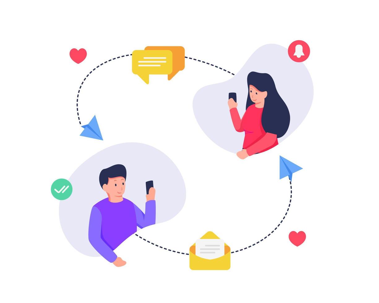 Concepto de mensajería de comunicación de redes sociales entre el hombre y la mujer con el icono de la bandeja de entrada de mensajes de amor vector