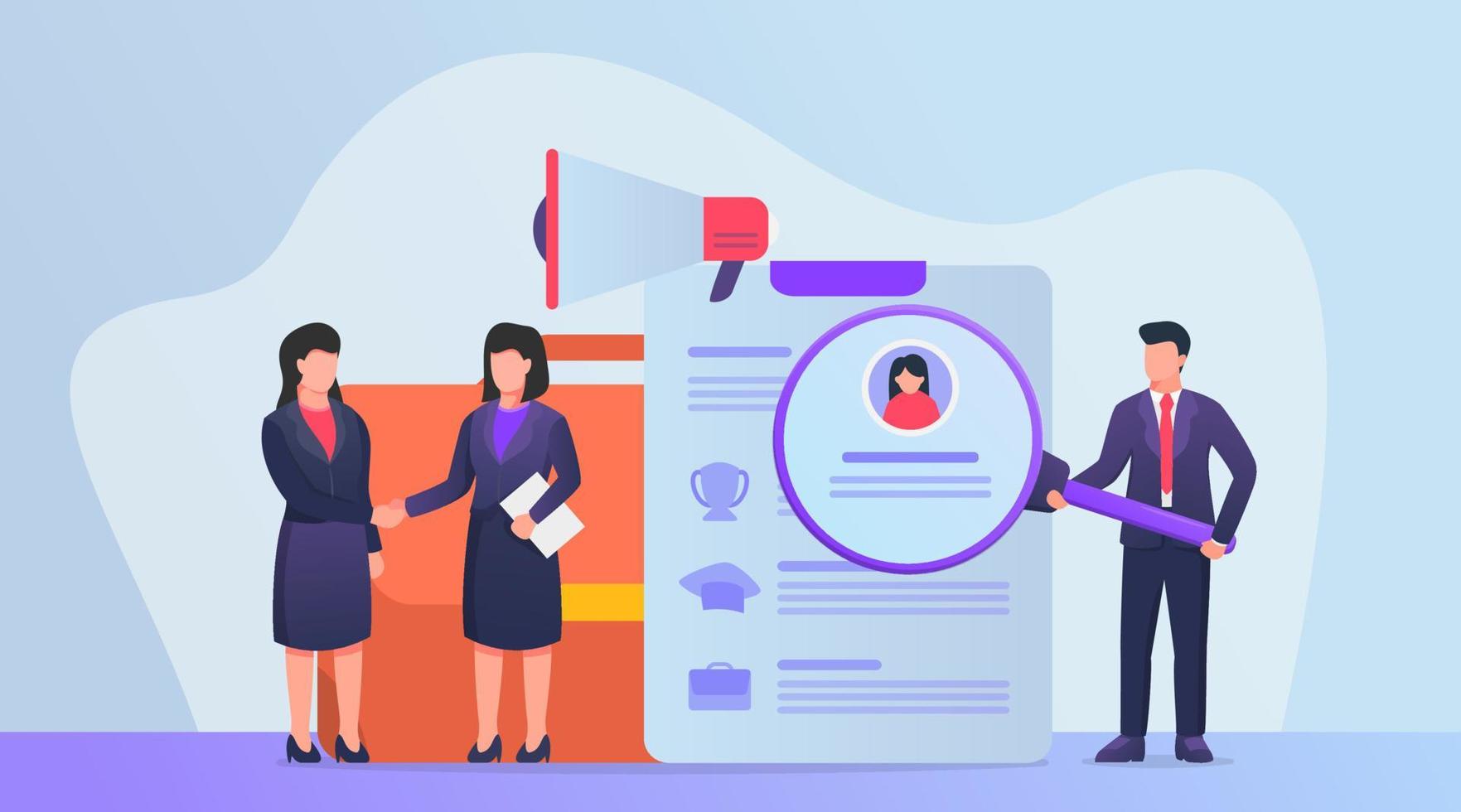 contratación de personas nuevas concepto con documentos de archivos de análisis cv de personas con estilo plano moderno vector