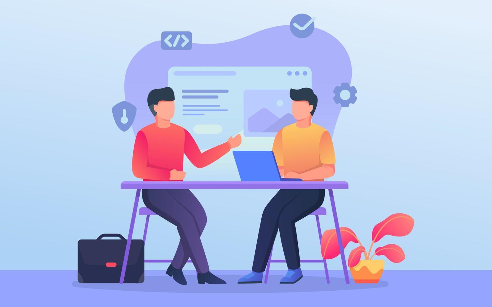 programmer or developer discussion team when work on office with related background theme vector