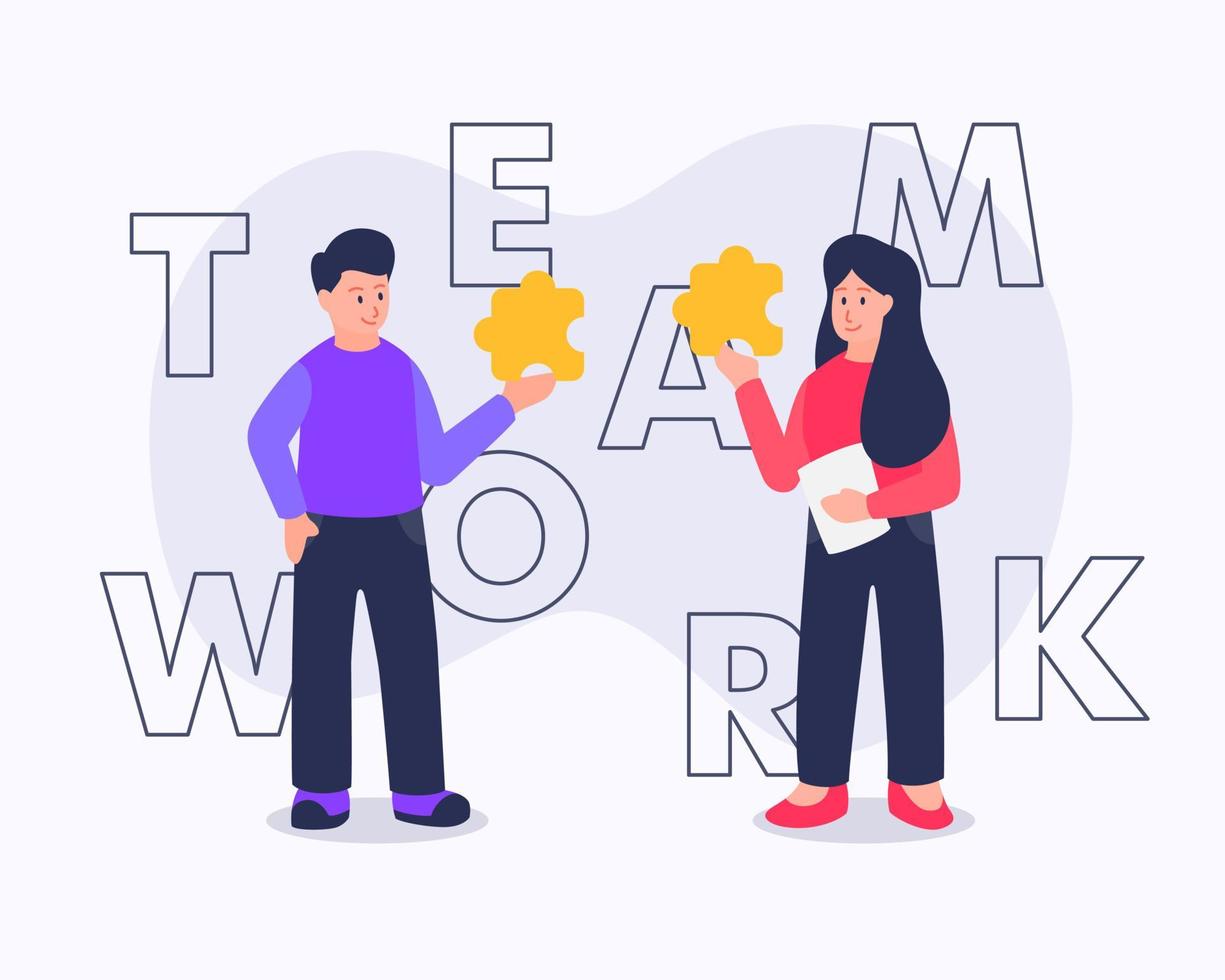team work concept with man and woman matching puzzle vector