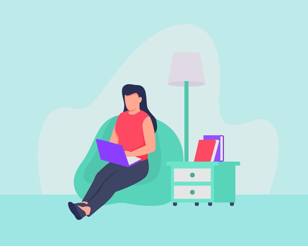 woman from work home concept who sitting on sofa use laptop vector