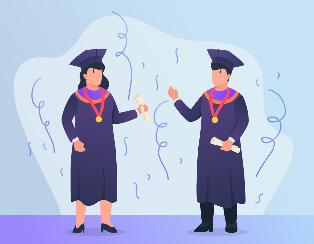 man and woman celebrate graduation procession using hat and suit vector