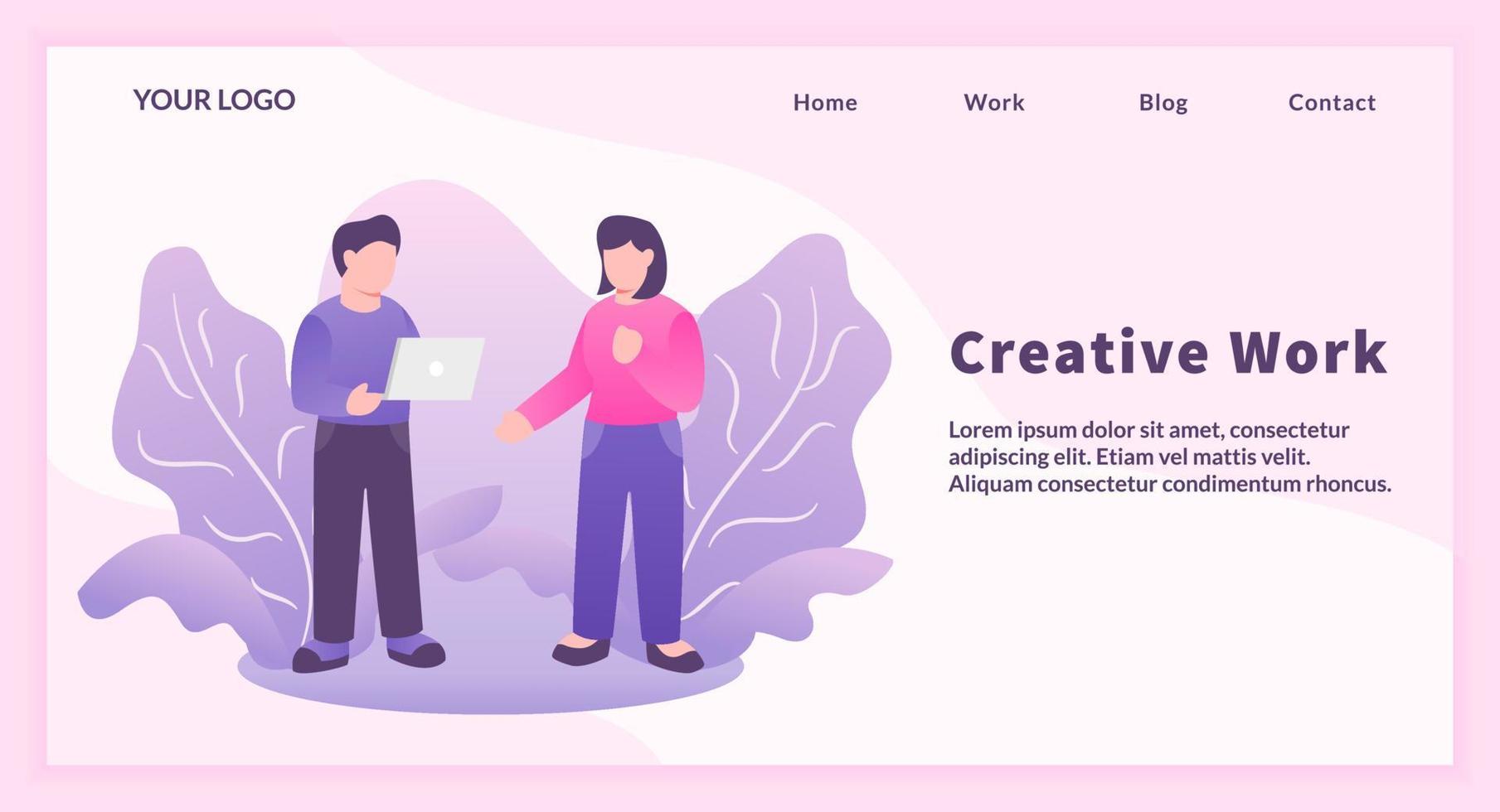 concepto de trabajo creativo con trabajo de hombre y mujer, use la computadora portátil para la plantilla del sitio web o la página de inicio de aterrizaje vector