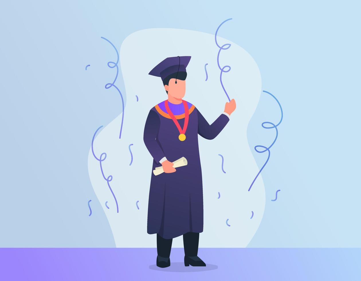 El hombre celebra la graduación con sombrero y traje con estilo moderno y plano. vector