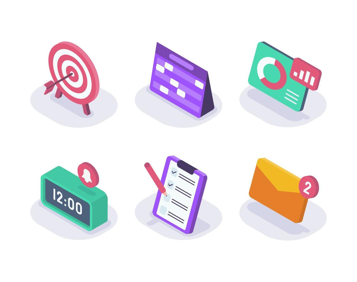 business set collection goals calendar graph time clipboard and envelope isometric icon with modern flat style color vector