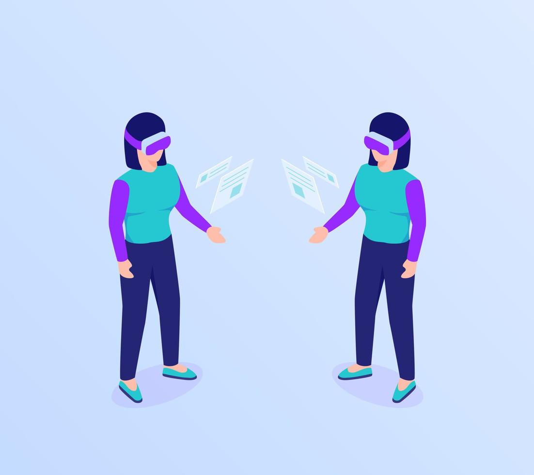 vr virtual reality glass concept with woman use to access data information with isometric flat style vector