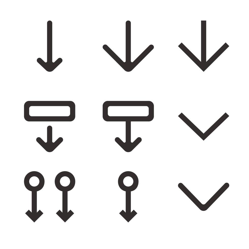 Black flat arrows down set. Traffic and web signs vector