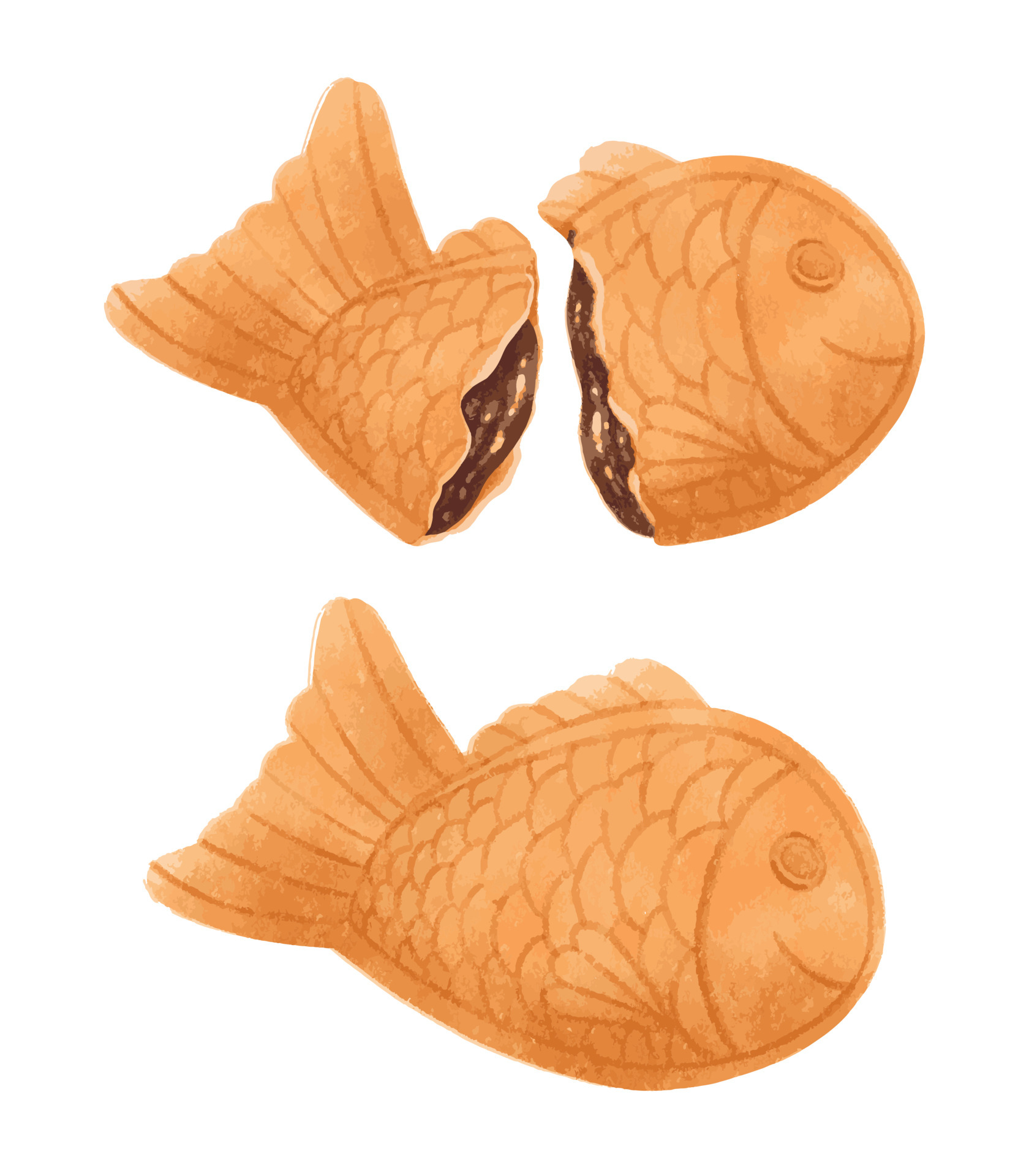 Japanese red bean paste fish shaped cake illustration watercolor styles Japanese red bean paste fish shaped cake illustration watercolor styles