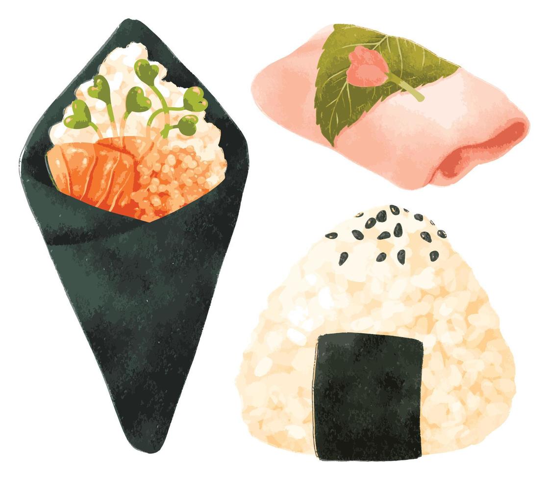 conjunto de comida japonesa acuarela elementos pintados a mano ilustraciones vector