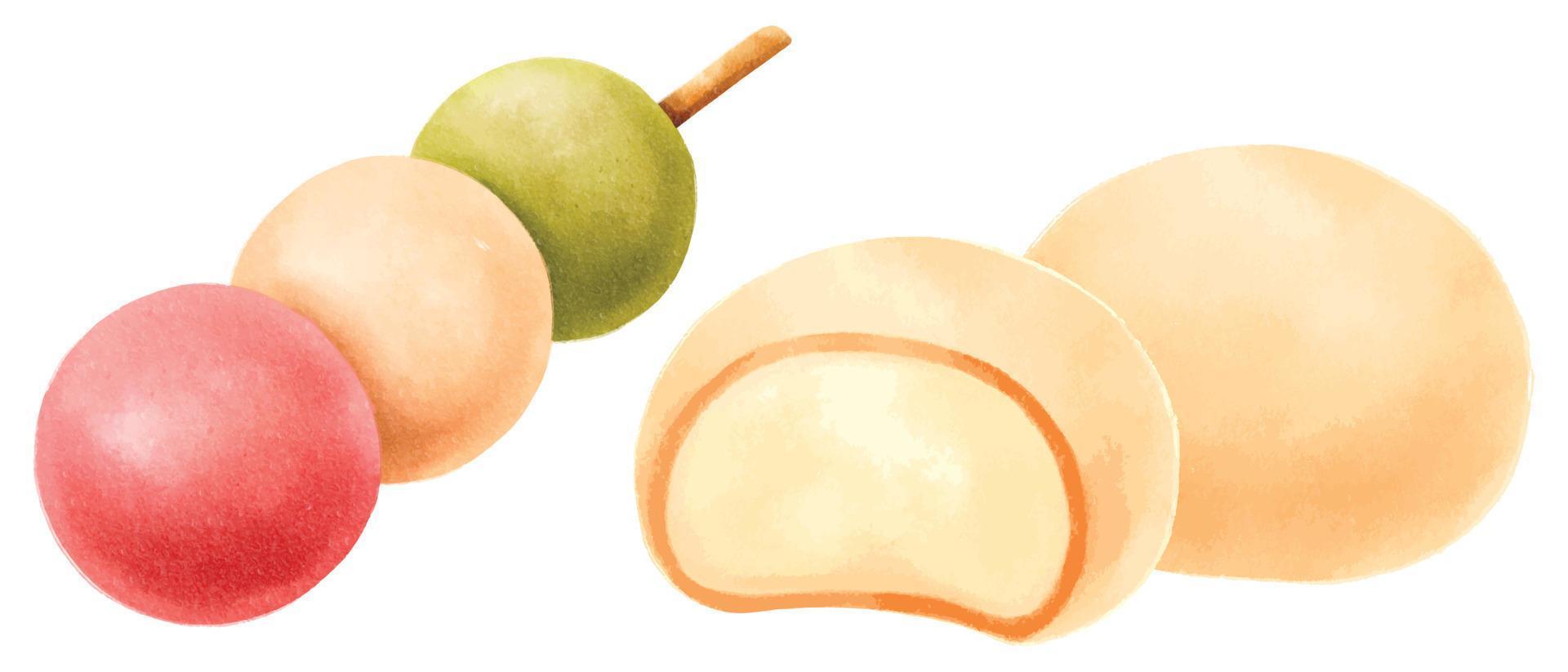 dango y mochi. comida japonesa acuarela elementos pintados a mano ilustraciones vector