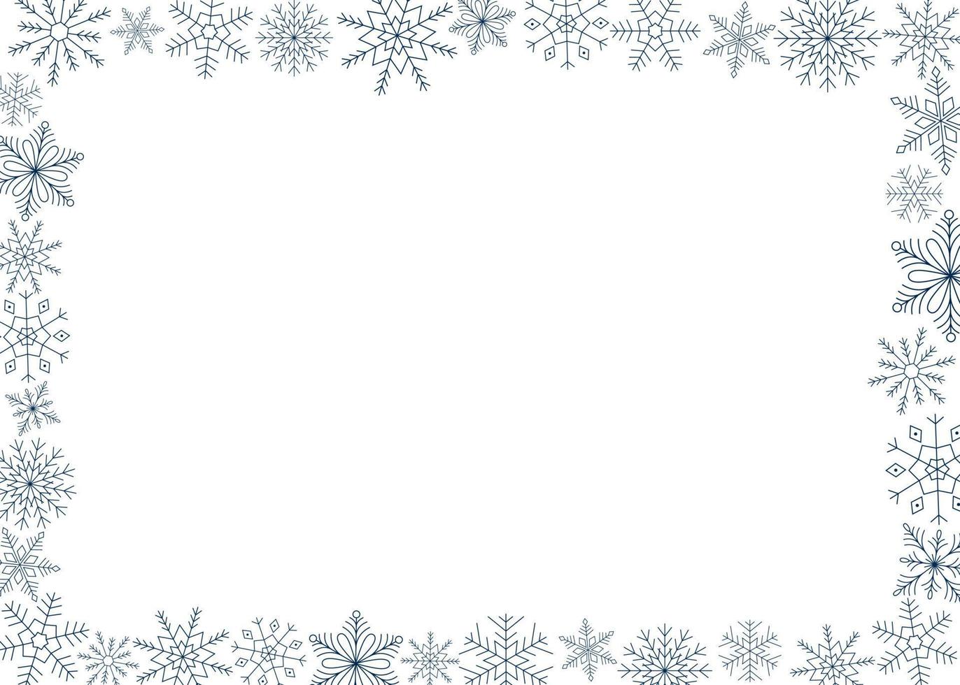 marco horizontal de copos de nieve azules. plantilla para el diseño de invierno. vector