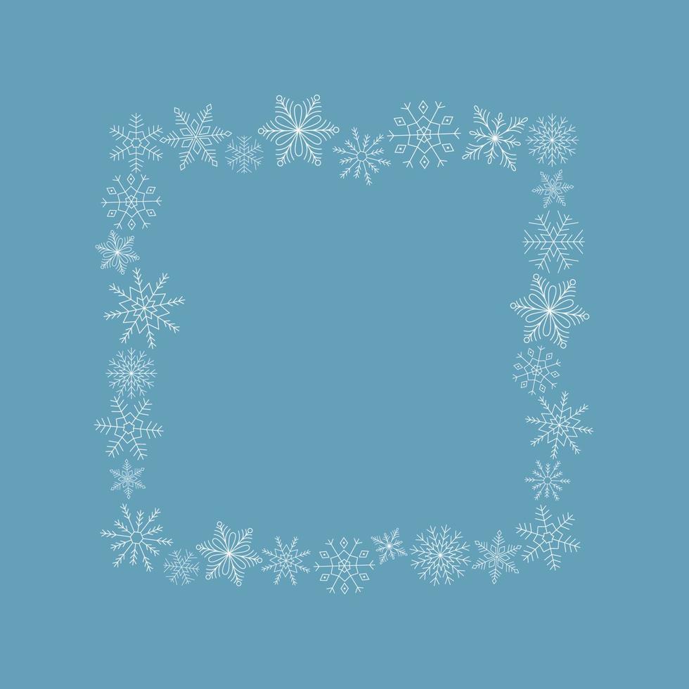 Square frame of white snowflakes on blue background. Template for winter design. vector