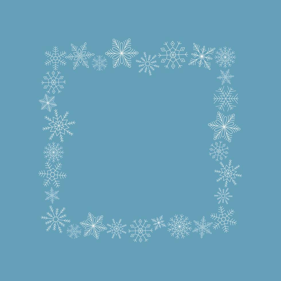 marco cuadrado de copos de nieve blancas sobre fondo azul. plantilla para el diseño de invierno. vector