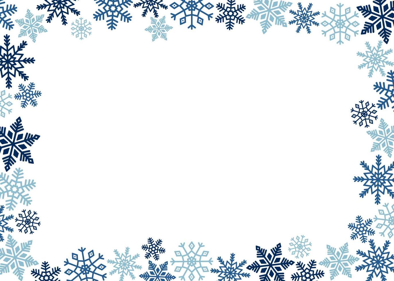 marco horizontal de copos de nieve azules. plantilla para el diseño de invierno. vector