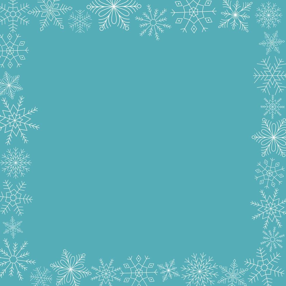 marco de copos de nieve blancas sobre fondo azul. plantilla para el diseño de invierno. vector