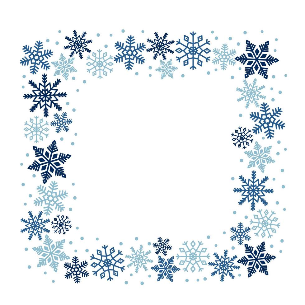 marco cuadrado de copos de nieve azules. plantilla para el diseño de invierno. vector