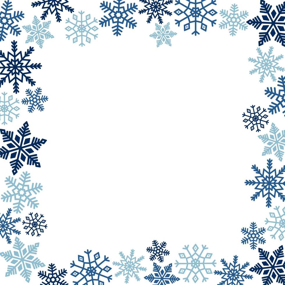 marco de copos de nieve azules. plantilla para el diseño de invierno. vector