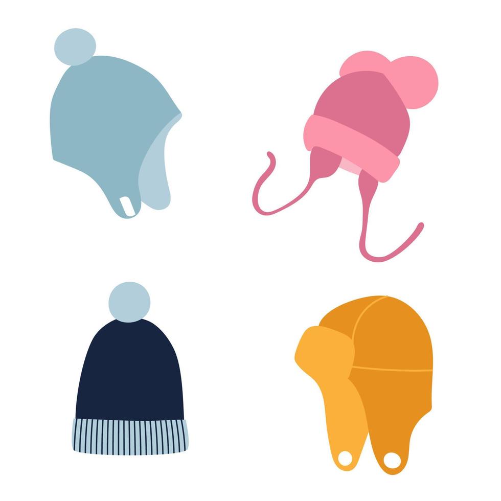 Set of colorful winter hats for children. vector